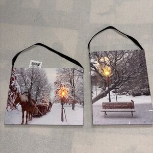 Winter Scene Park Landscape  Holiday 2Pc Canvas Pictures Light Up 8"x6"